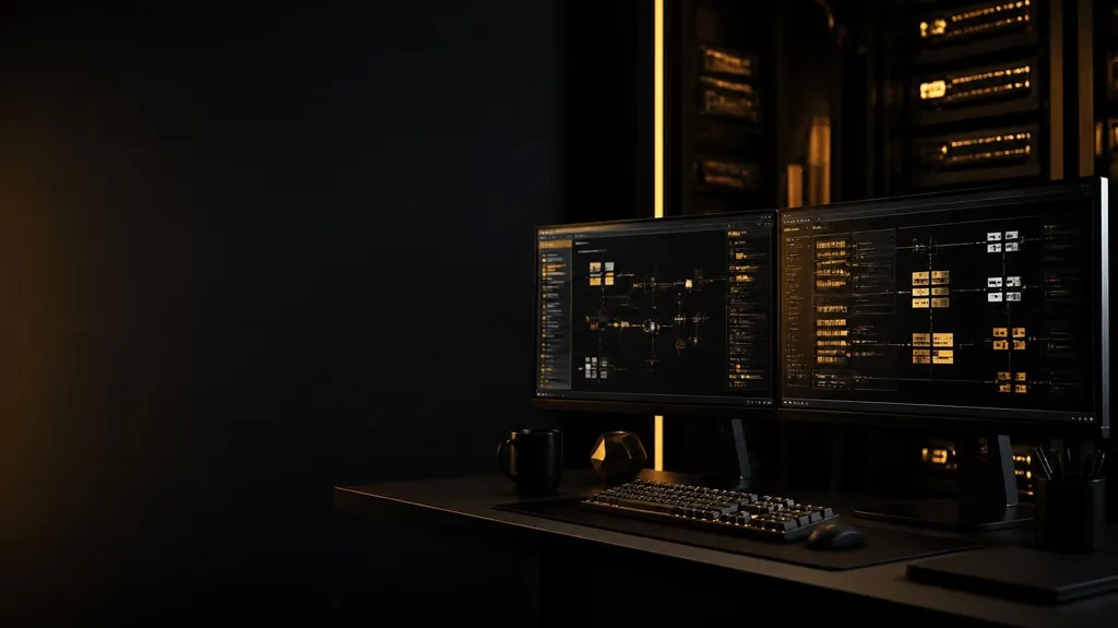 A dark software workstation with two monitors showing abstract gold interface blocks and a softly glowing server rack