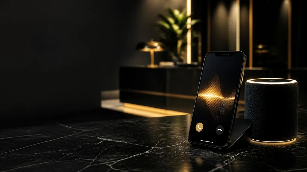 A smartphone showing an incoming call with a gold sound waveform beside a smart speaker on black marble