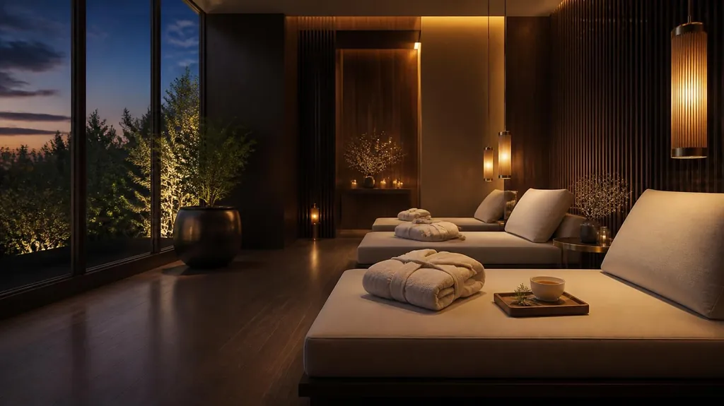 A tranquil spa relaxation lounge at dusk with a cream daybed, robe and warm pendant lights
