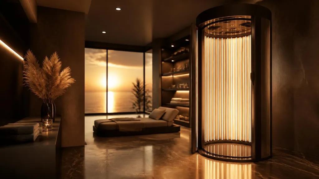 A premium vertical tanning booth glowing warm amber in a modern salon suite at golden hour