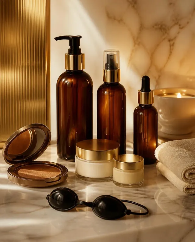 A curated arrangement of unbranded glow-care products, tanning goggles and a towel on marble