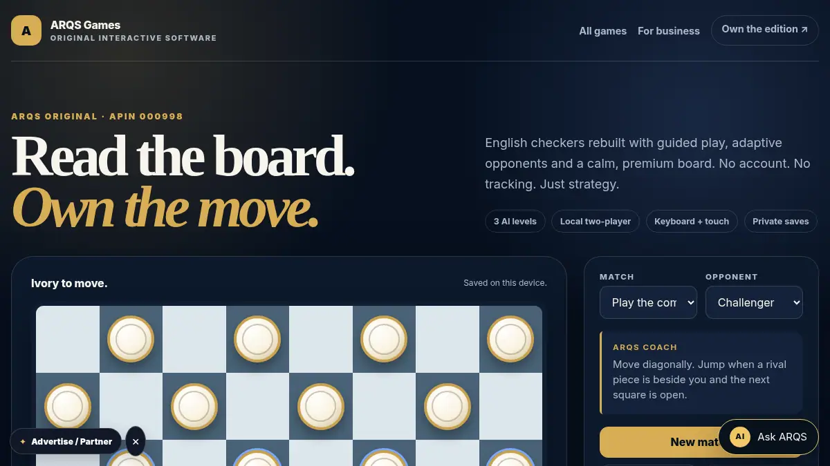 ARQS Checkers — Play the Original Strategy Game on /games/checkers/
