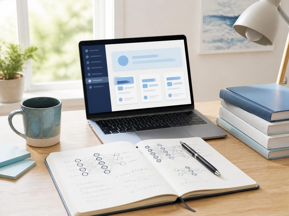 Study desk with a laptop course dashboard, notebook and books