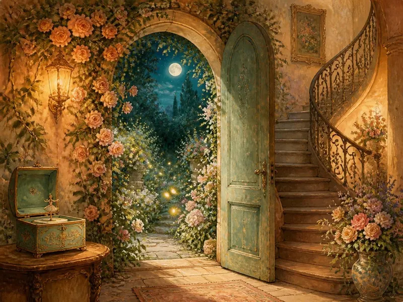 A hidden garden door covered in roses opening onto a moonlit garden
