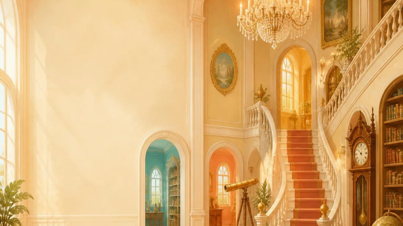 A sunlit mansion hall with arched doorways and a grand staircase