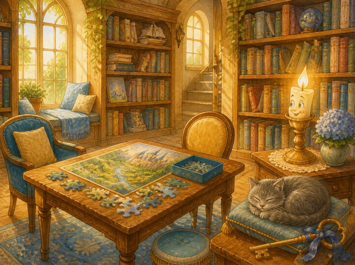 A cosy storybook library room with a puzzle table and a sleeping cat