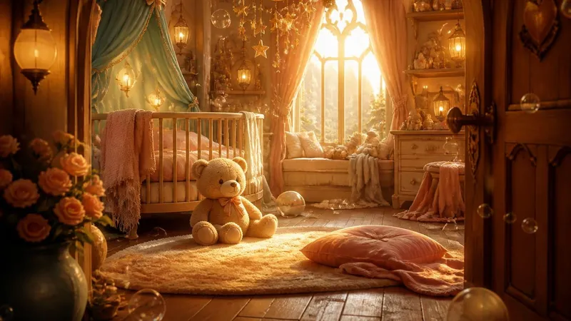 A cozy enchanted nursery with a teddy bear and floating bubbles