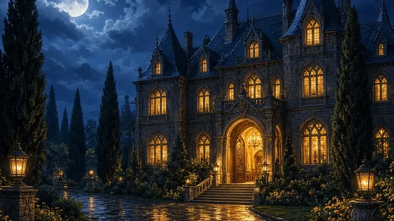 The mansion at night with glowing windows reflected in the drive