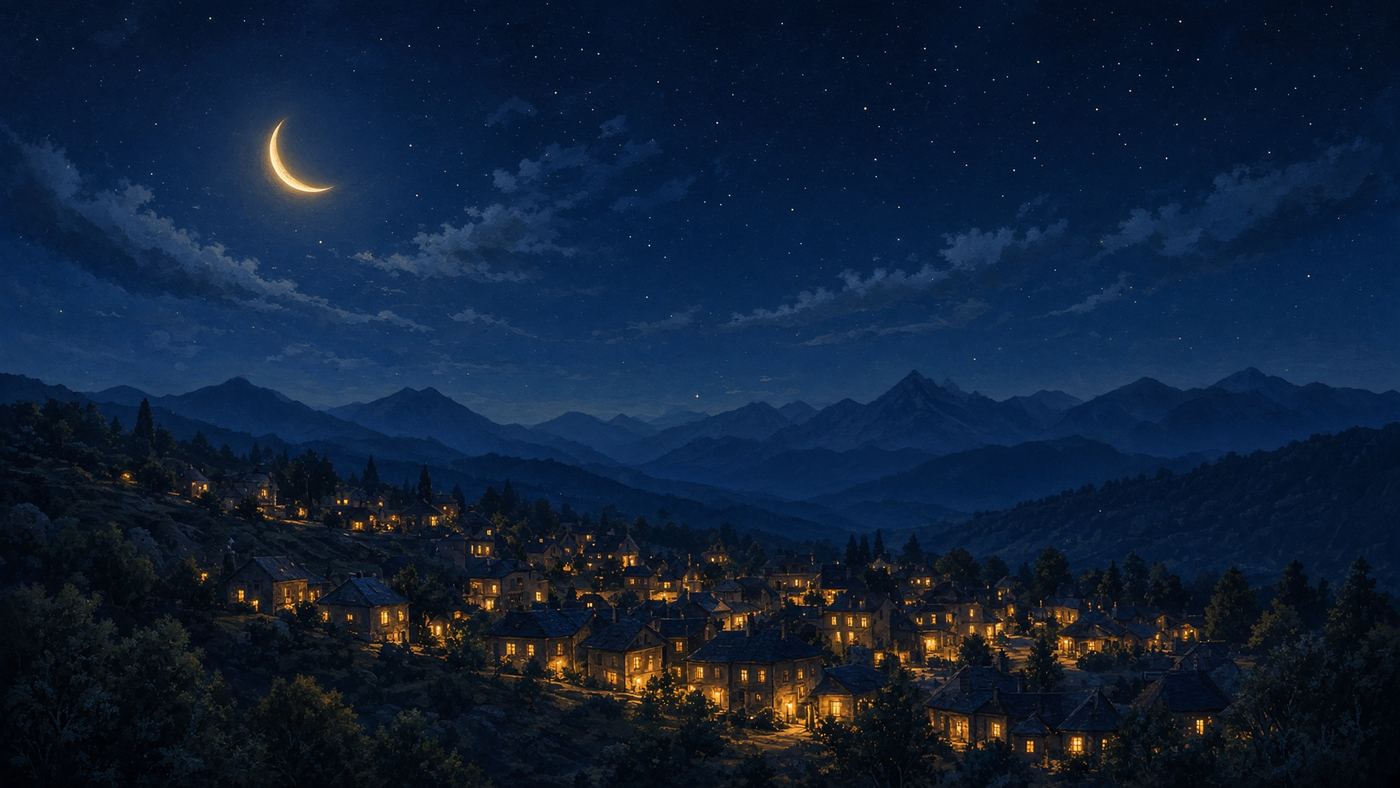 A small mountain town under a crescent moon.