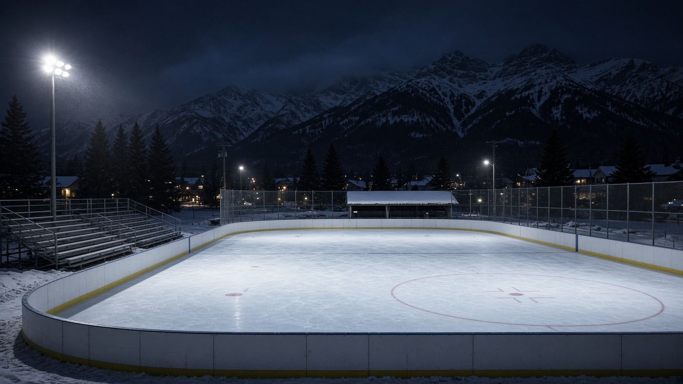 An outdoor rink at night with mountains behind it.