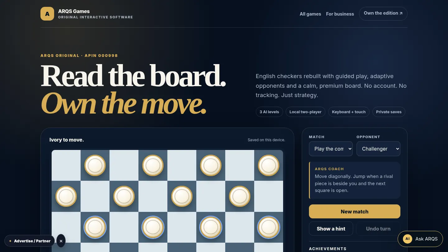 Screenshot of the live page at arqs.ca/games/checkers