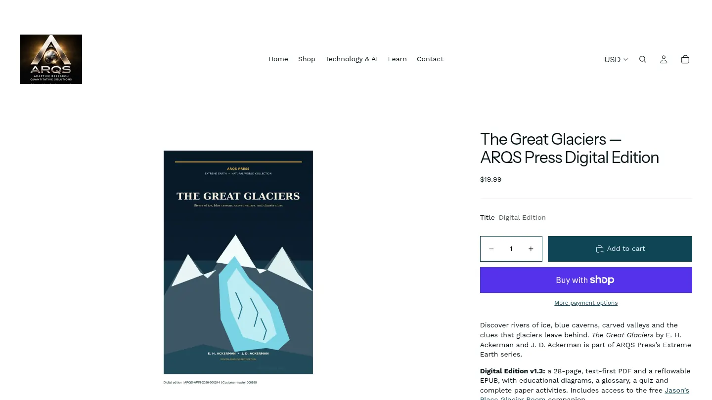 Screenshot of the live page at uzrkzm-7p.myshopify.com/products/the-great-glaciers-arqs-press-digital-edition