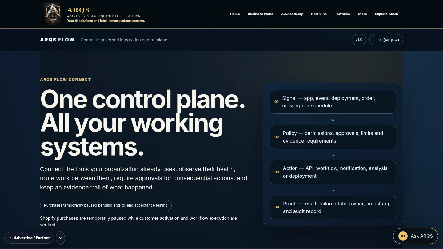 Screenshot of the live page at arqs.ca/flow/connect