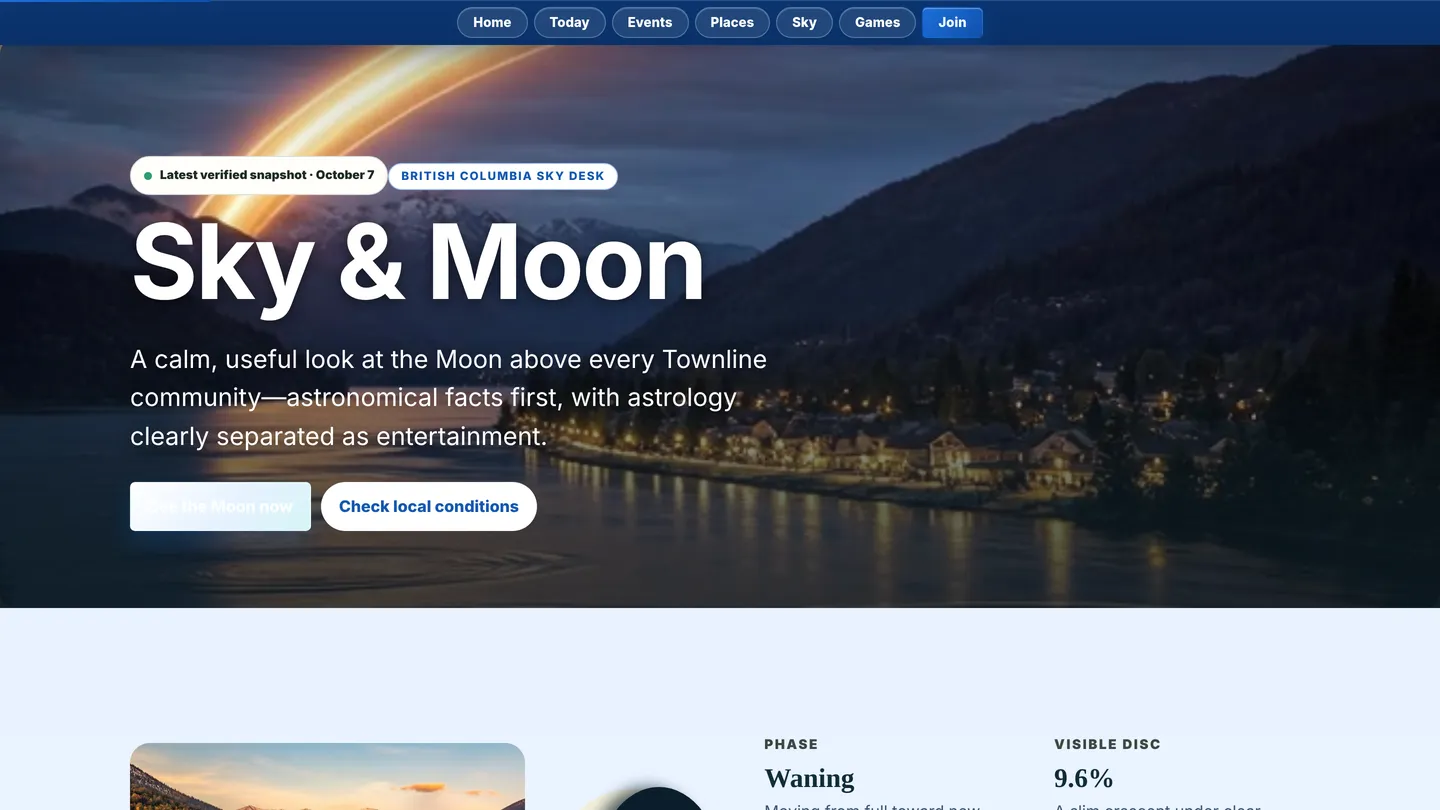 Screenshot of the live page at arqs.ca/townline/sky-moon