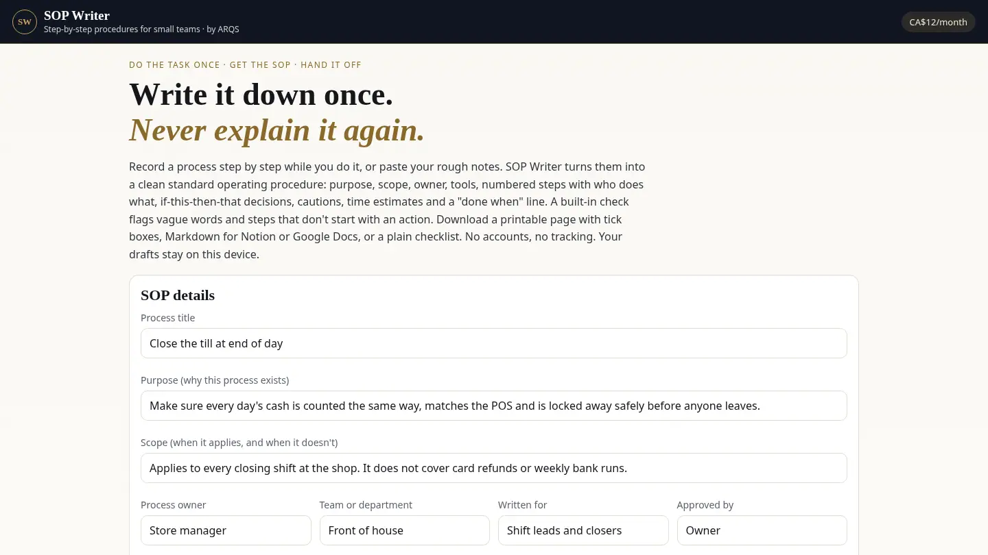 SOP Writer — step-by-step SOPs from rough notes by ARQS
